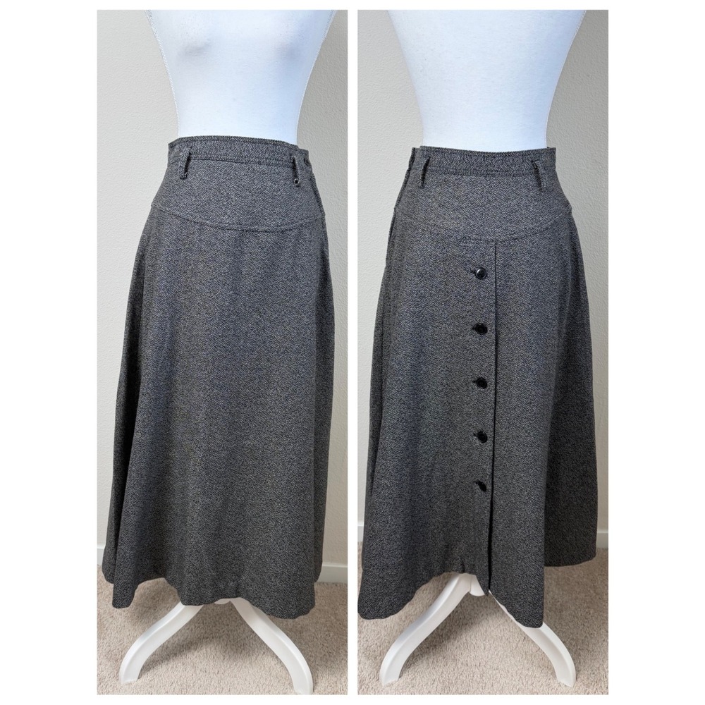 VTG Chaus Women Wool Blend Midi Skirt Small Gray Back Button Academia Old Money
